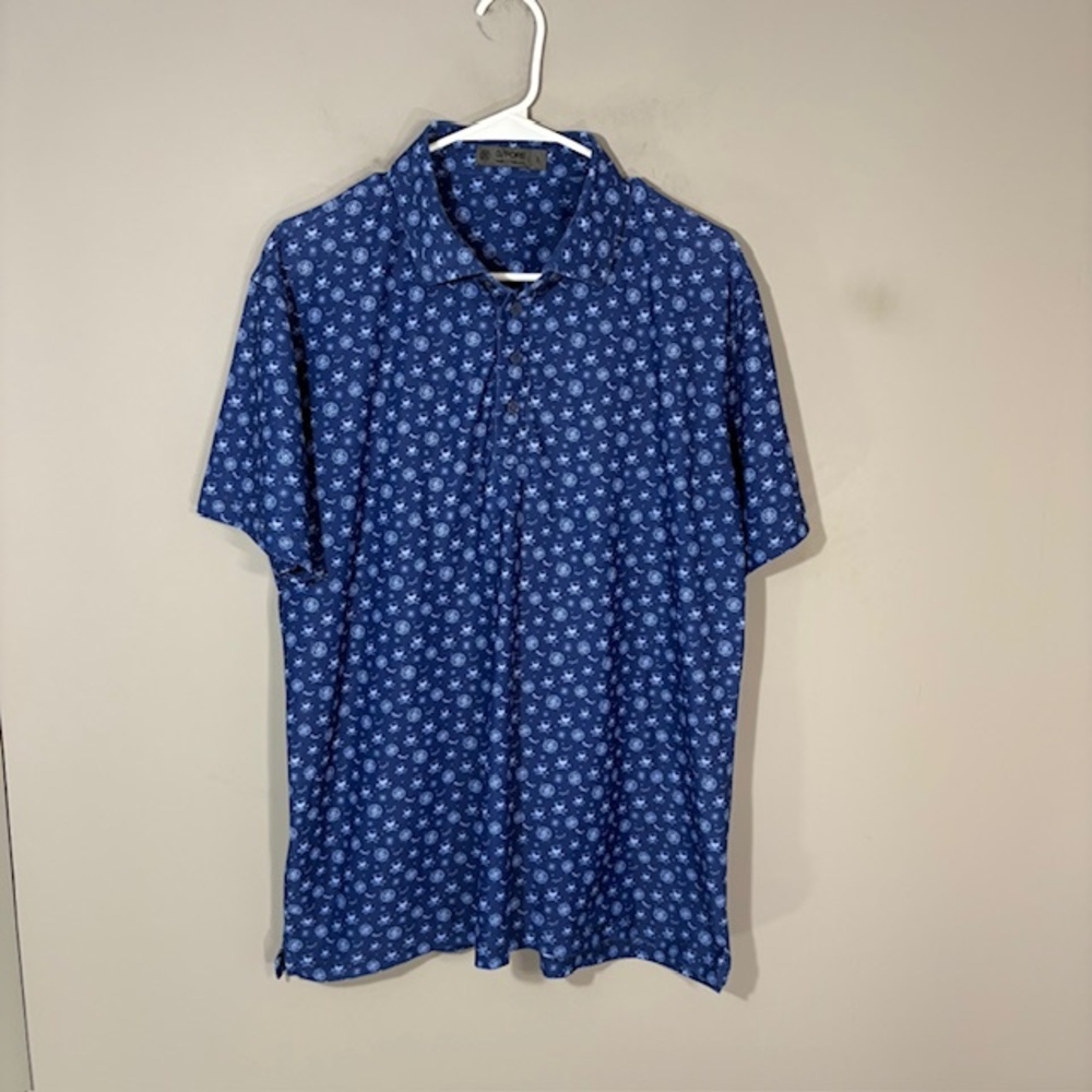 G/FORE Polo Shirt Mens L Blue Skull Graphic Print Golf Performance Stretch Top